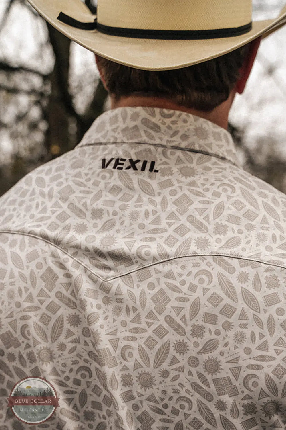 Vexil Brand – Western Pearl Snap Polo - Tribal Board | White back view of shirt with western yoke