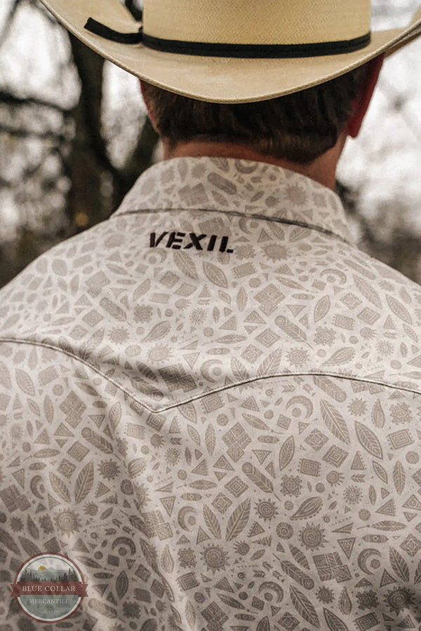 Vexil Brand – Western Pearl Snap Polo - Tribal Board | White back view of shirt with western yoke