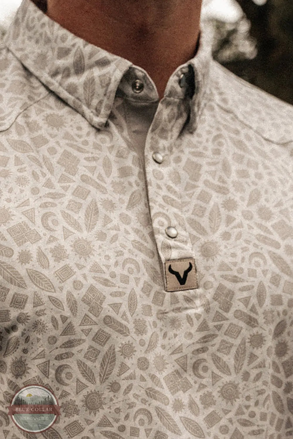 Vexil Brand – Western Pearl Snap Polo - Tribal Board | White closeup of pearl snaps view