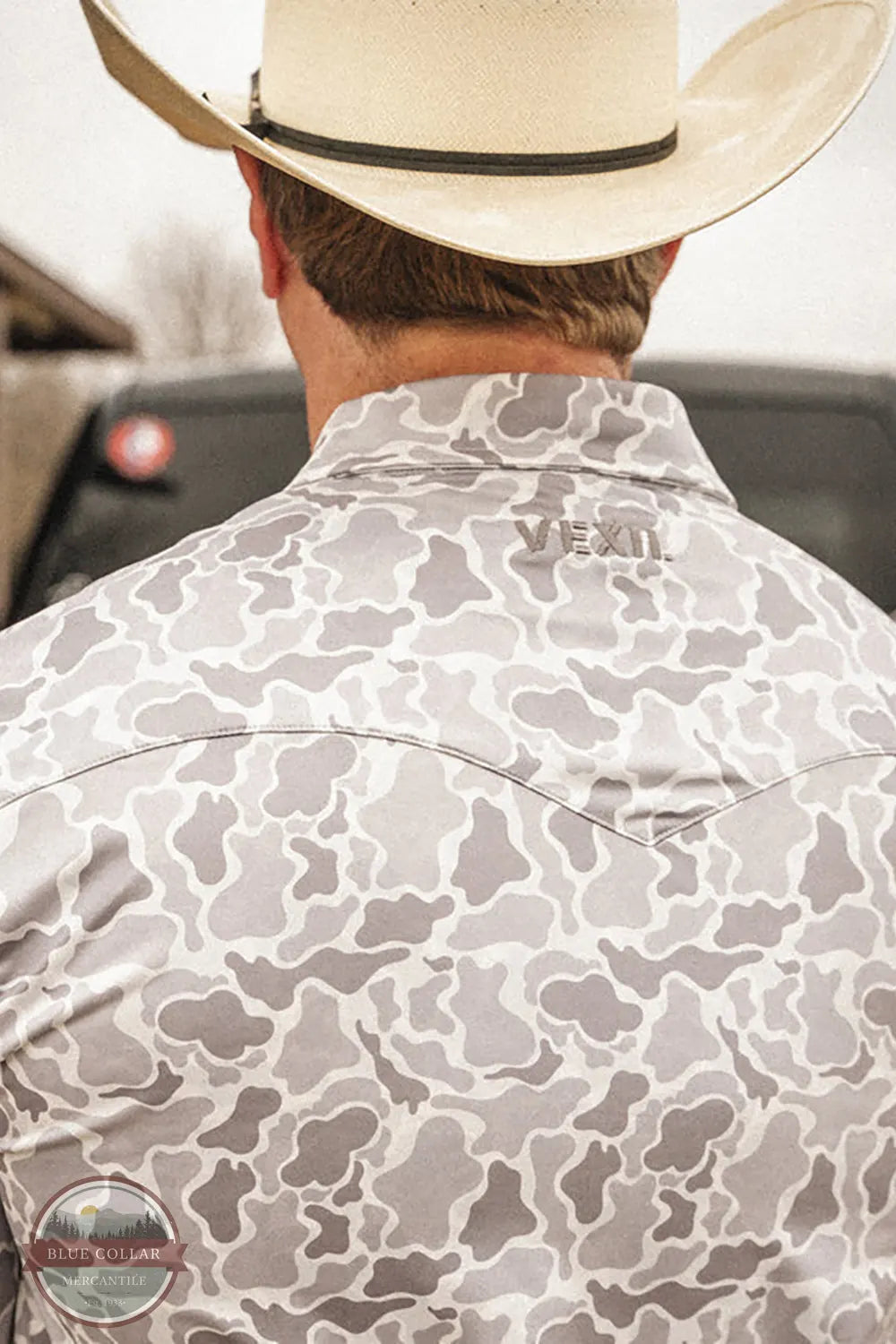 Vexil Brand - Western Pearl Snap Polo - Retro Camo | White back yoke view