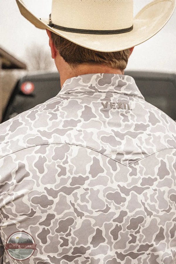 Vexil Brand - Western Pearl Snap Polo - Retro Camo | White back yoke view