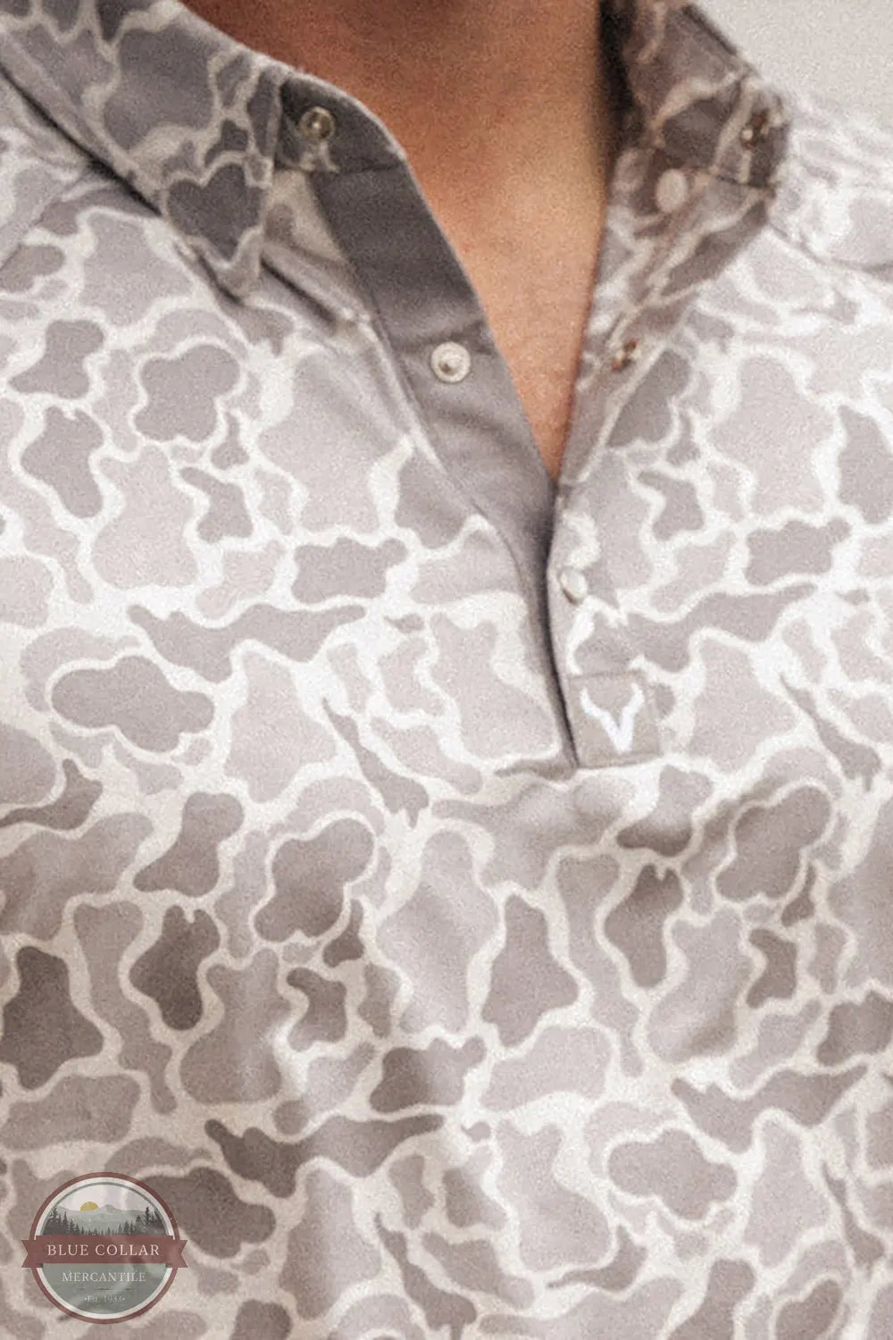 Vexil Brand - Western Pearl Snap Polo - Retro Camo | White polo pearl snaps closeup