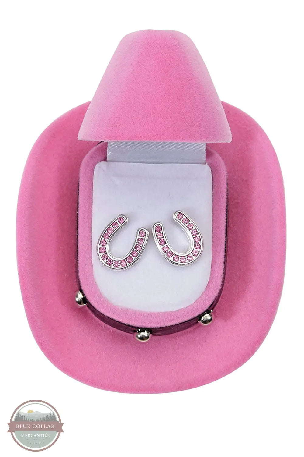 HE-144 Pink Rhinestone Horseshoe Earrings in Cowboy Hat Gift Box by Western Express opened box