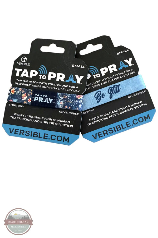 Two small Versible 'Tap to Pray' prayer patches in black and blue packaging, displayed on a white background with a Blue Collar Wholesale watermark.