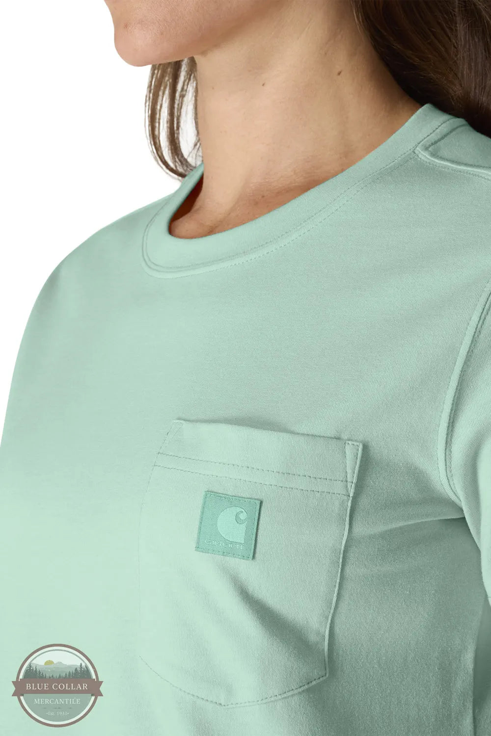 Carhartt 107391 Women's Irvine Relaxed T-Shirt in Green close up of chest pocket