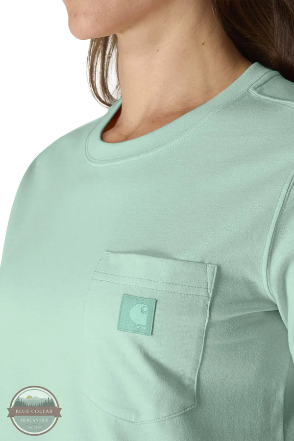 Carhartt 107391 Women's Irvine Relaxed T-Shirt in Green close up of chest pocket