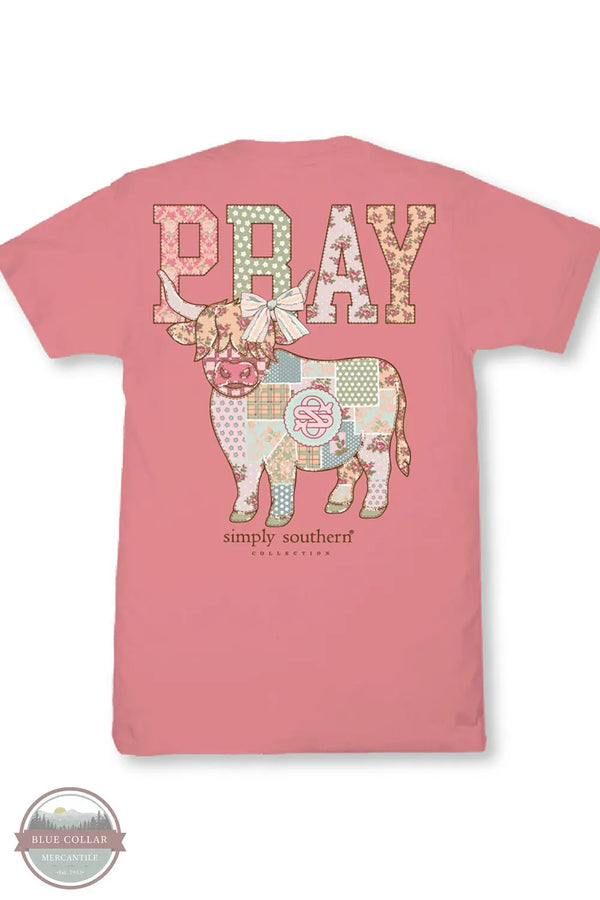 Simply Southern SS-PRAY-TEAROSE Women's Pray Patchwork Cow Short Sleeve T-Shirt in Tearose Pink back view of shirt