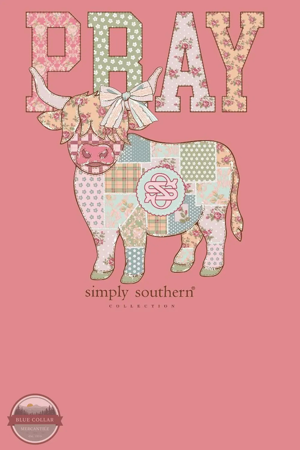 Simply Southern SS-PRAY-TEAROSE Women's Pray Patchwork Cow Short Sleeve T-Shirt in Tearose Pink imprint view