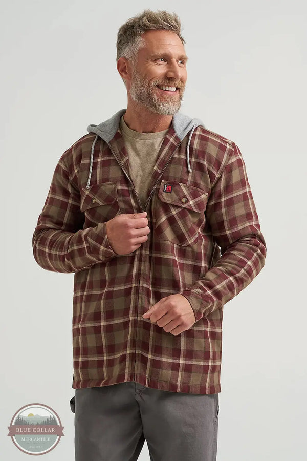 Wrangler 112366592 Riggs Hooded Flannel Plaid Jacket in Chocolate, front