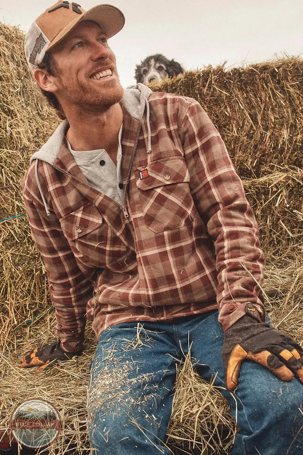 Wrangler 112366592 Riggs Hooded Flannel Plaid Jacket in Chocolate, model