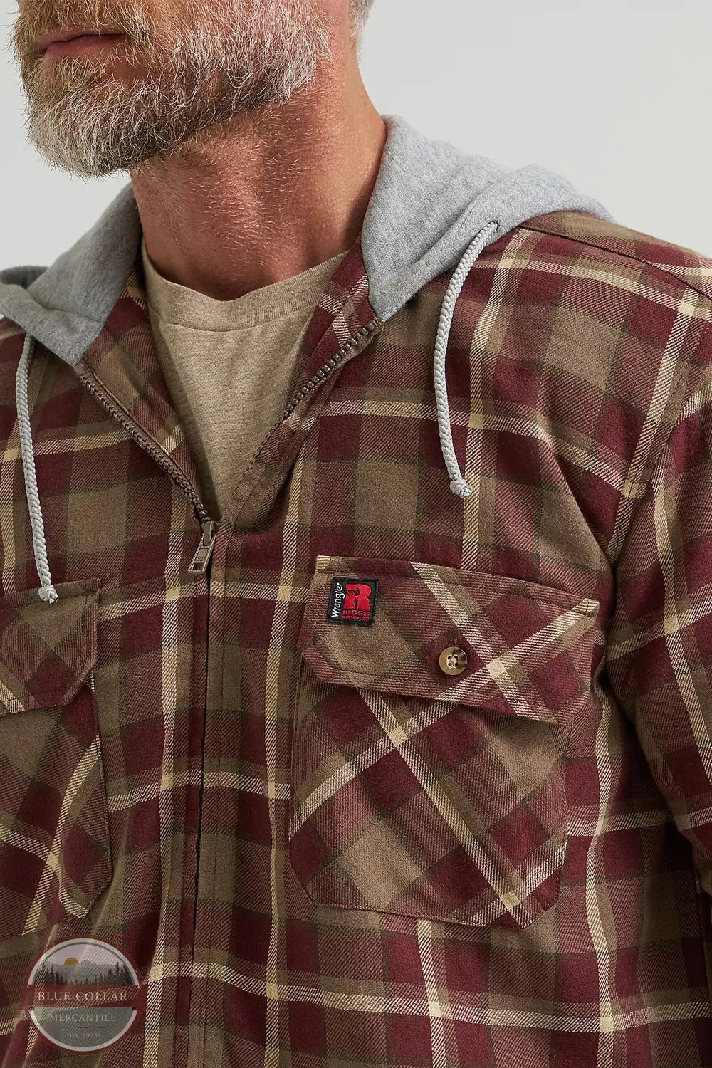 Wrangler 112366592 Riggs Hooded Flannel Plaid Jacket in Chocolate, zipper