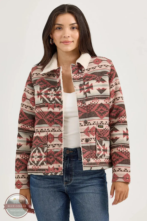 Wrangler 112368301 Sherpa Lined Jacquard Barn Jacket in burgundy, front