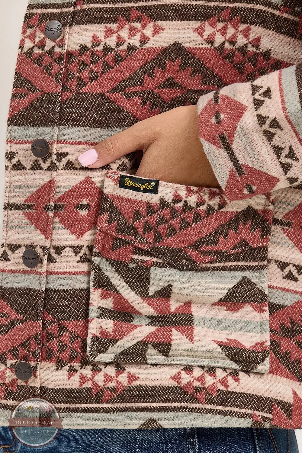 Wrangler 112368301 Sherpa Lined Jacquard Barn Jacket in burgundy, pocket