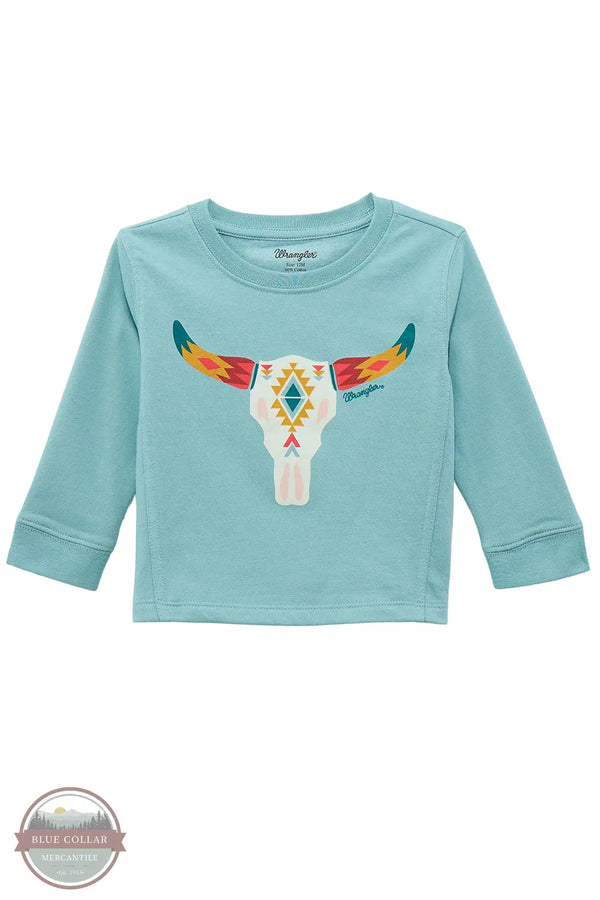Light blue long-sleeve shirt with a colorful graphic on a white background Wrangler 112371938 Girl's Aztec Steer Head Sweatshirt front