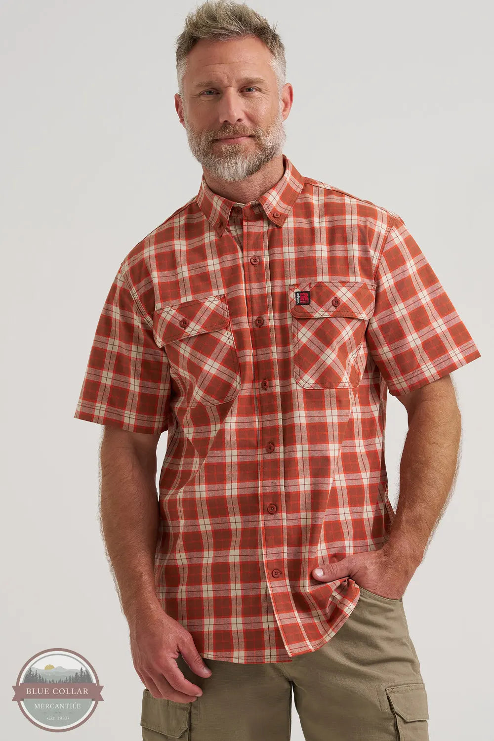 Wrangler 112374632 Riggs Workwear Foreman Plaid Work Shirt in Rust Plaid Front view