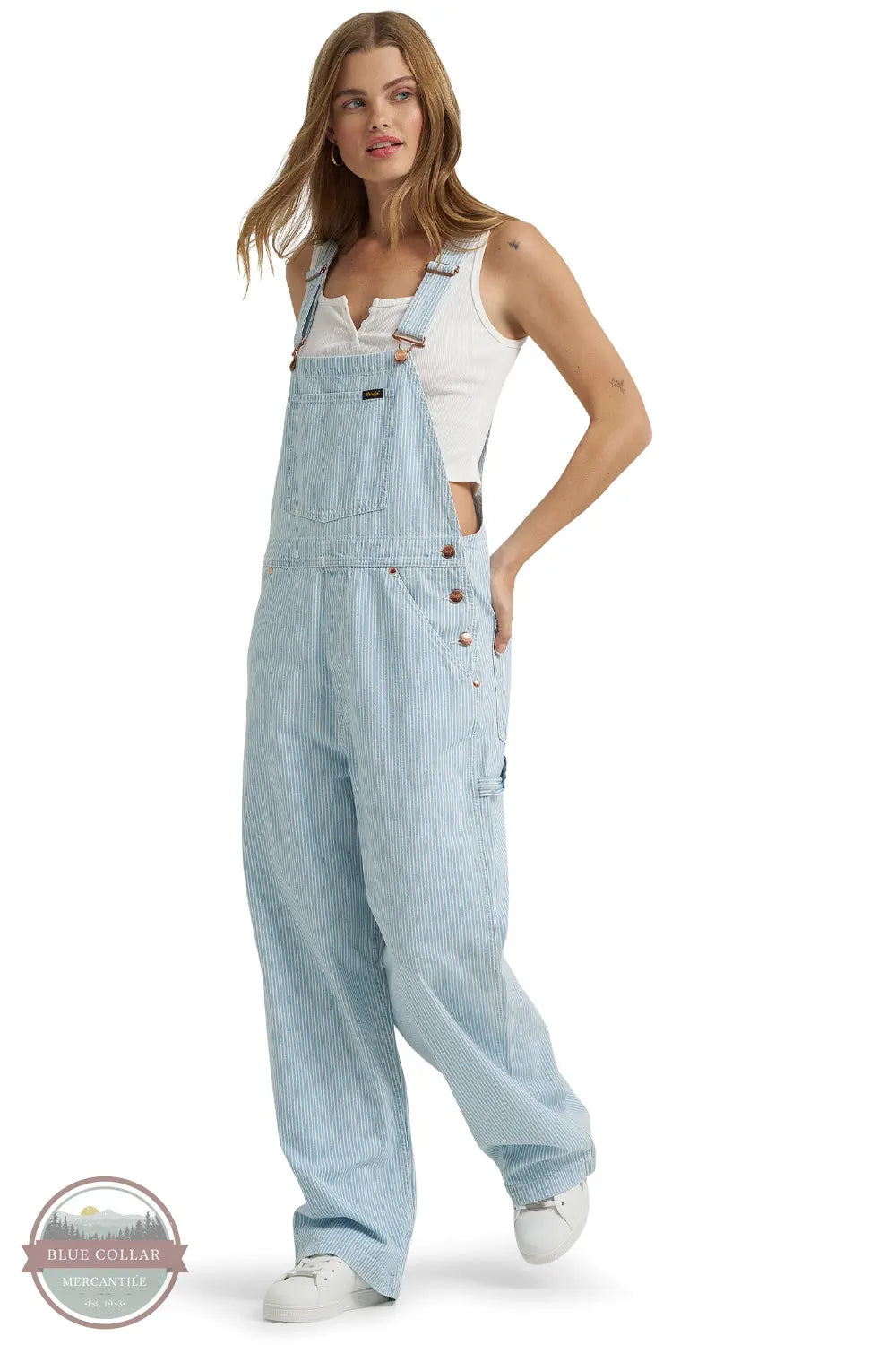 Wrangler 112375656 Lainey Wilson Stripped Cargo Bib Overalls front model view