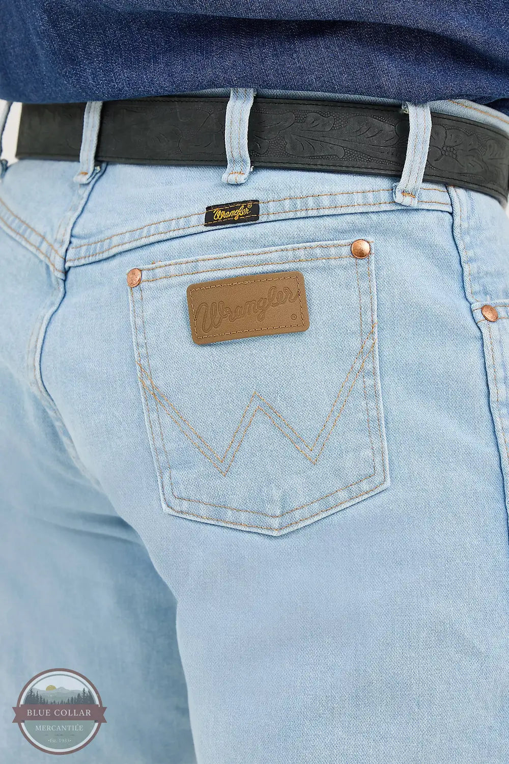 Wrangler 13MAFGH Cowboy Cut Original Fit Active Flex Jean in Light Wash, rear pocket