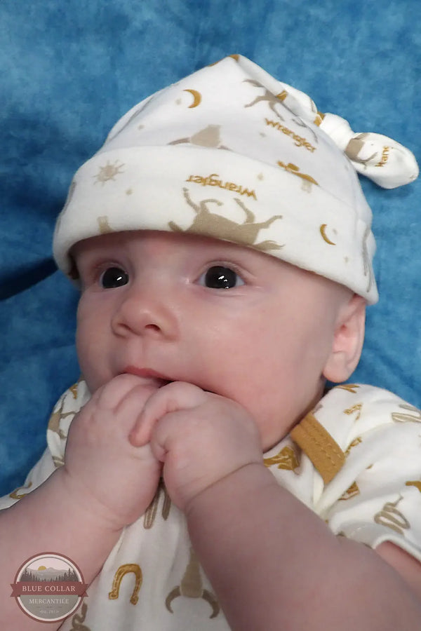 Wrangler HW2100015 Wrangler Boys Infant Cowboy Boot Bodysuit Set with Cap close up of cap with printed onesie