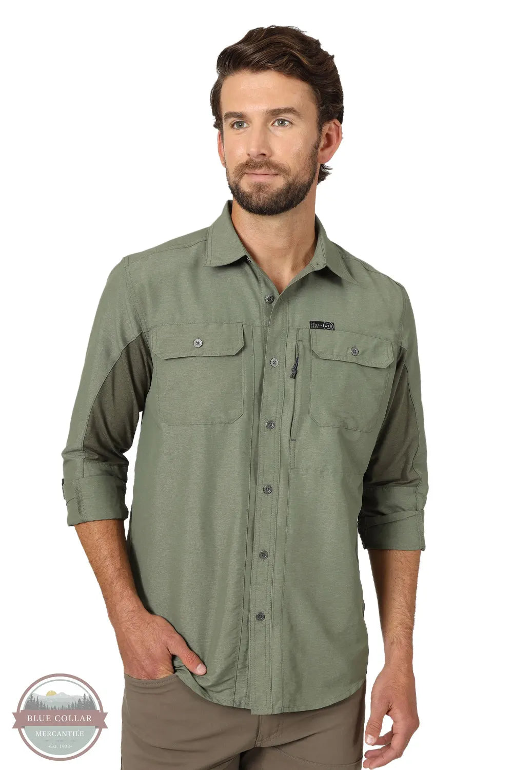Wrangler NSB89DV Wrangler ATG™ Men's Mix Material Long Sleeve Shirt in Dusty Olive Green front view
