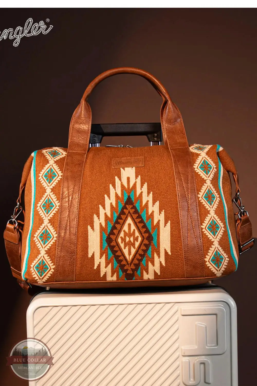 Wrangler WG174-5110 Southwestern Print Duffle Bag in brown, front