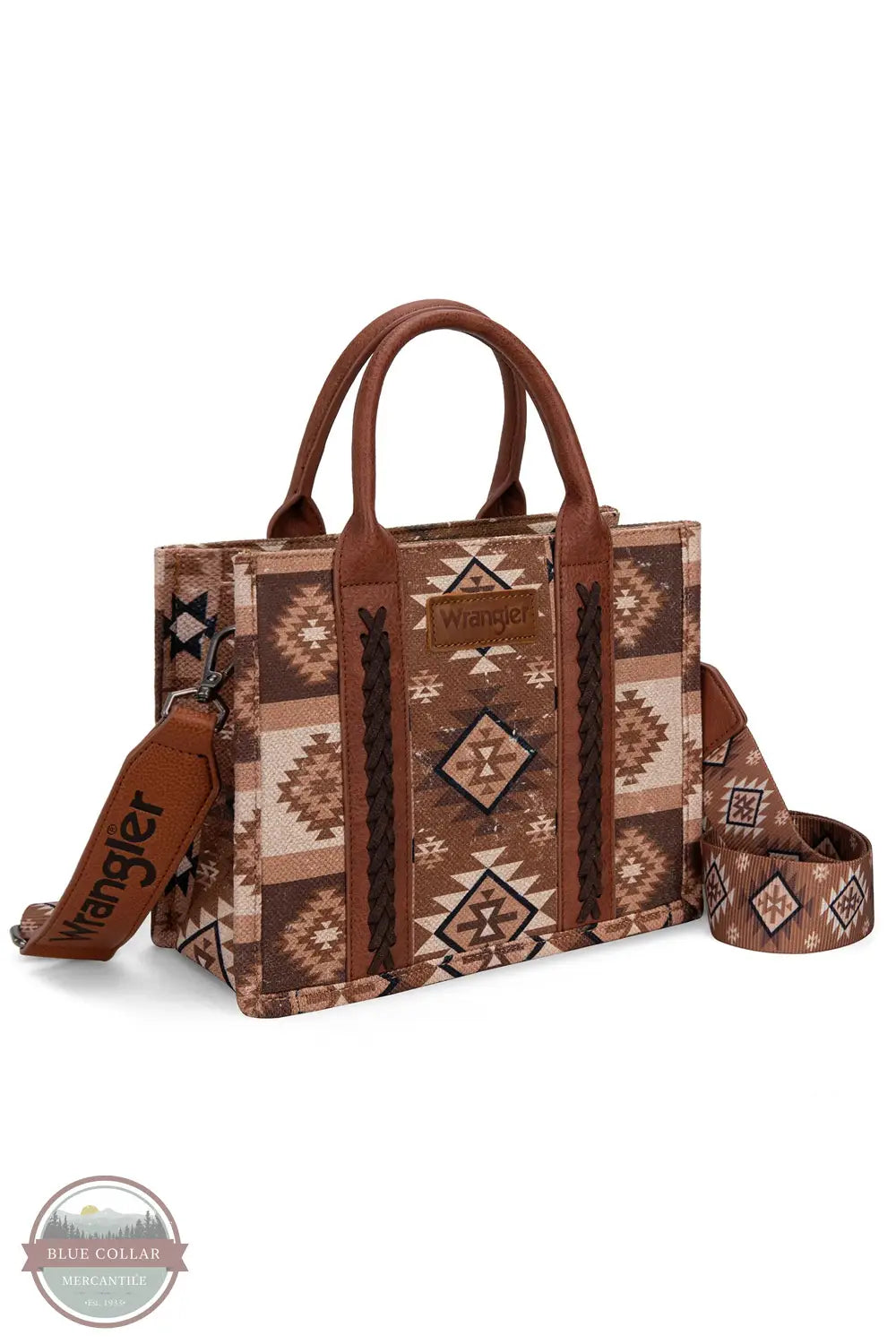 Wrangler WG2209-8120S Aztec Pattern Print Crossbody Tote in brown, front