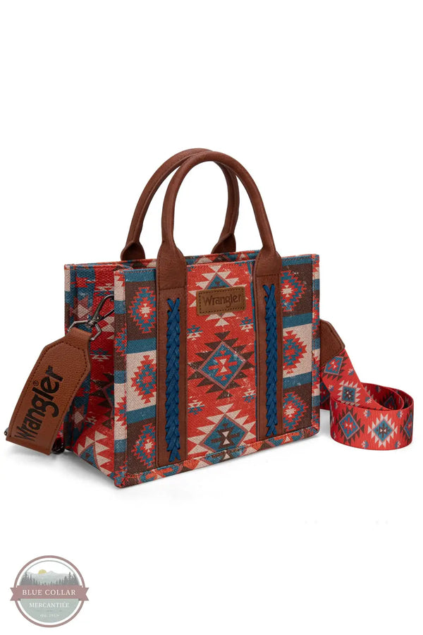 Wrangler WG2209-8120S Aztec Pattern Print Crossbody Tote in burgundy, front