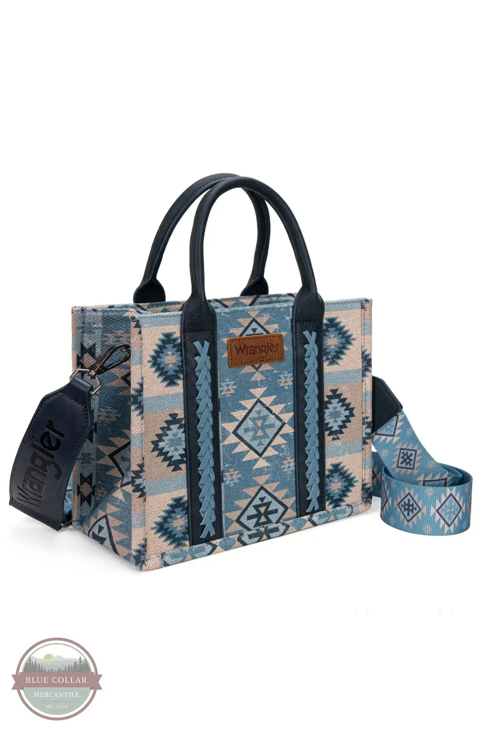 Wrangler WG2209-8120S Aztec Pattern Print Crossbody Tote in jean, front