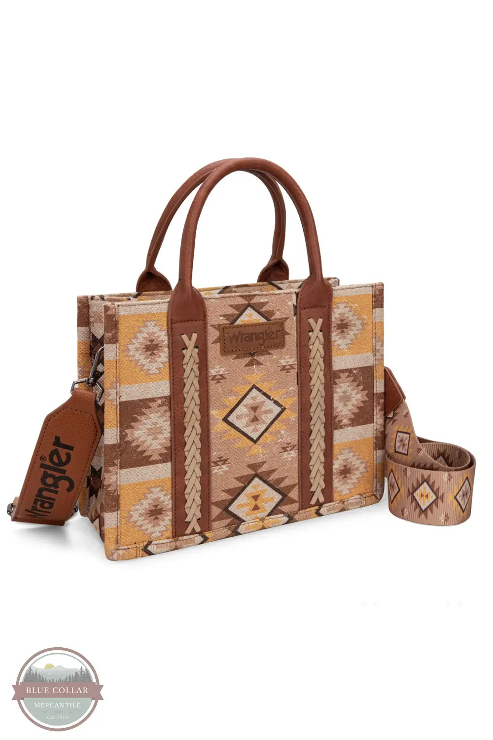 Wrangler WG2209-8120S Aztec Pattern Print Crossbody Tote in light brown, front