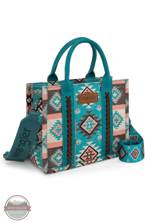 Wrangler WG2209-8120S Aztec Pattern Print Crossbody Tote in turquoise, front