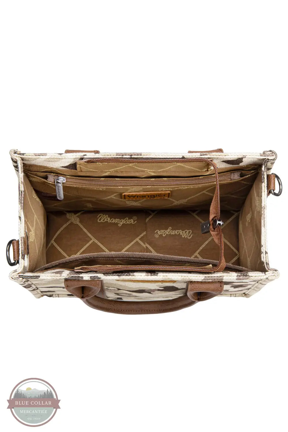 Wrangler WG286-8120S Wrangler Camo Print Concealed Carry Crossbody Tote in brown, inside