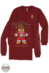 Simply Southern Girls' Gingerbread Cowboy Long Sleeve T-Shirt in Carmine Red YTH-LS-COWBOY-CARMINE, A long-sleeve crewneck shirt in dark red, featuring a festive Christmas graphic of a gingerbread man wearing a cowboy hat and Santa-style outfit, with 'Merry Christmas' text and 'simply southern collection' printed on the front and sleeve.