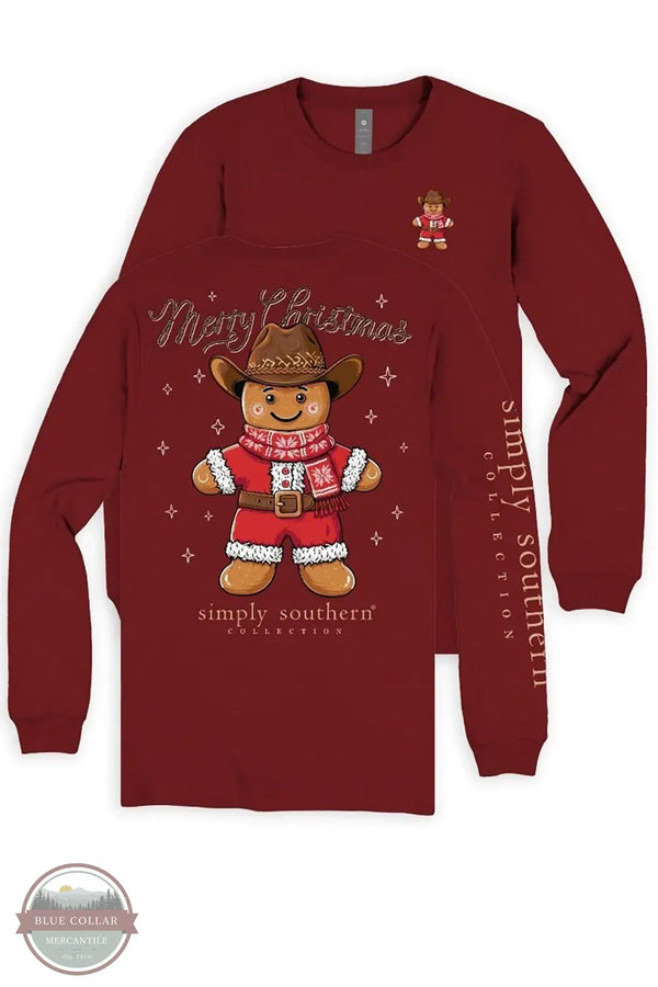 Simply Southern Girls' Gingerbread Cowboy Long Sleeve T-Shirt in Carmine Red YTH-LS-COWBOY-CARMINE, A long-sleeve crewneck shirt in dark red, featuring a festive Christmas graphic of a gingerbread man wearing a cowboy hat and Santa-style outfit, with 'Merry Christmas' text and 'simply southern collection' printed on the front and sleeve.
