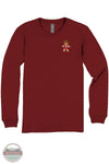 Simply Southern Girls' Gingerbread Cowboy Long Sleeve T-Shirt in Carmine Red YTH-LS-COWBOY-CARMINE, A long-sleeve crewneck t-shirt in maroon red, featuring a small cartoon teddy bear graphic on the left chest. The shirt is displayed flat against a white background with a circular 'Made in Canada' badge overlay in the bottom-left corner.