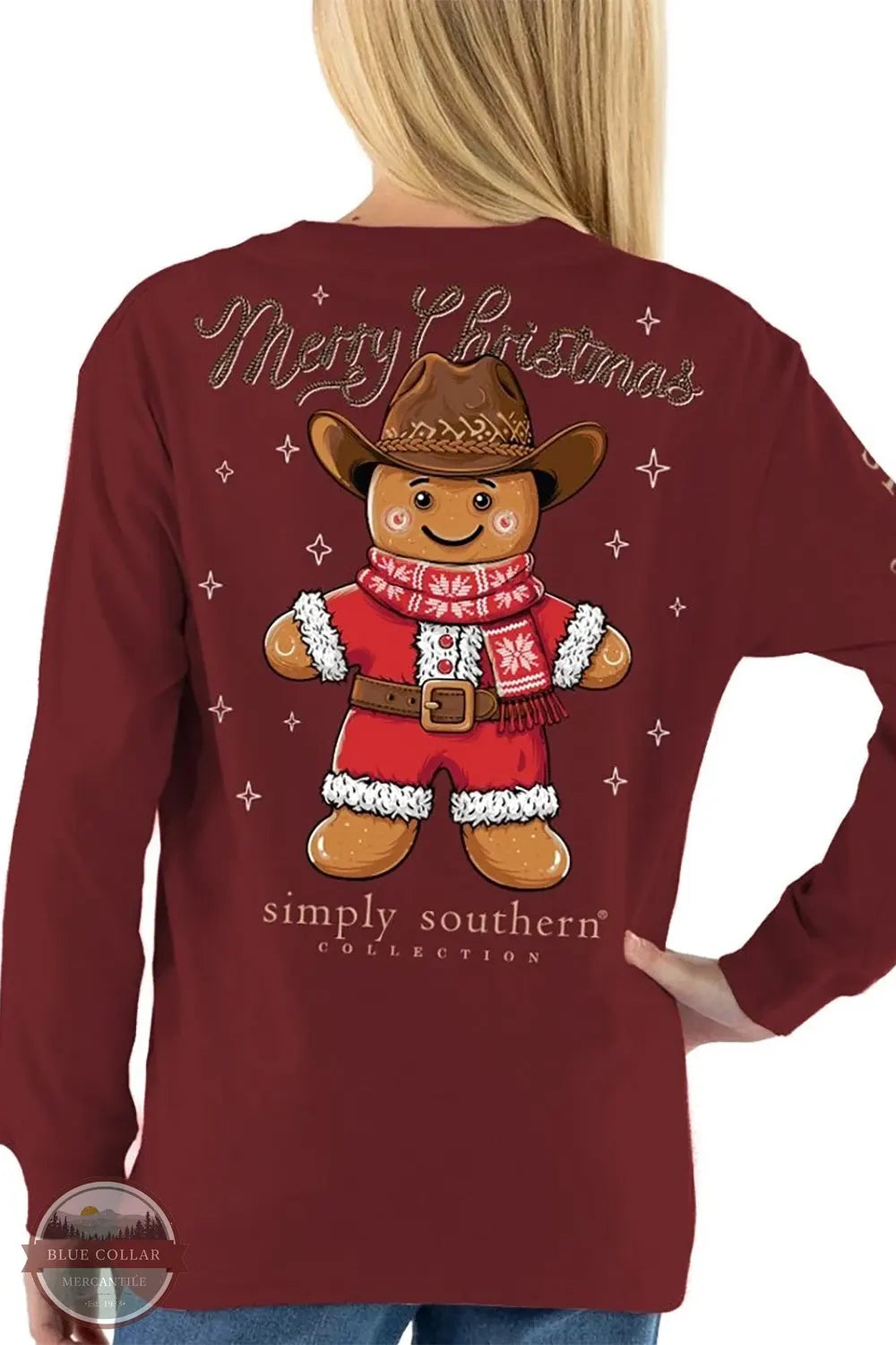 Simply Southern Girls' Gingerbread Cowboy Long Sleeve T-Shirt in Carmine Red YTH-LS-COWBOY-CARMINE back imprint shown on model