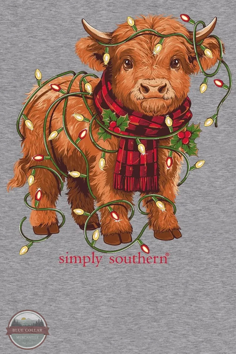 Simply Southern Girls' Highland Cow Light Crewneck Sweatshirt in Heather Gray YTH-SWT-LIGHTS-HTHRGRY imprint of highland cow with christmas lights shown