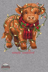 Simply Southern Girls' Highland Cow Light Crewneck Sweatshirt in Heather Gray YTH-SWT-LIGHTS-HTHRGRY imprint of highland cow with christmas lights shown