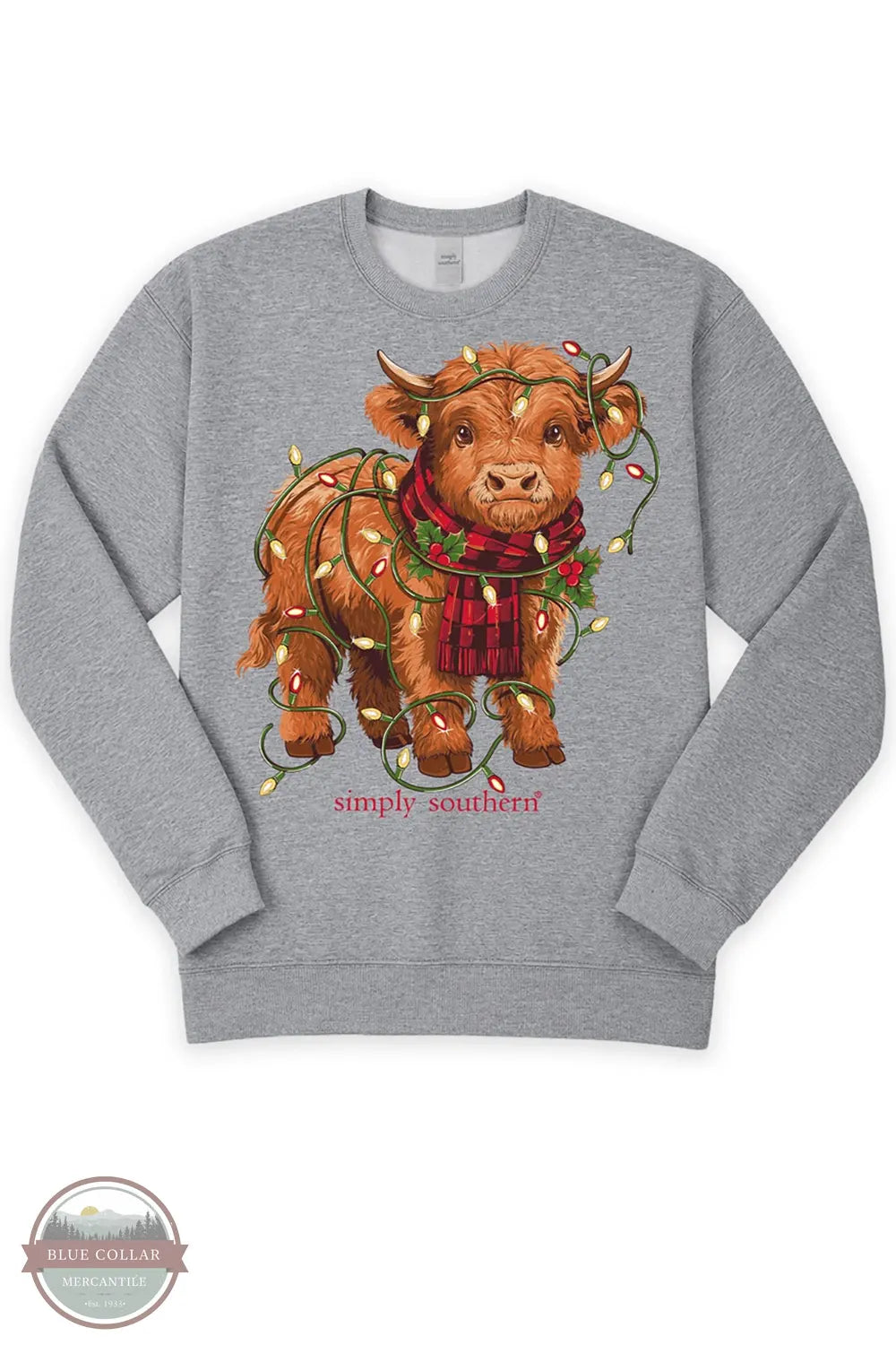 Simply Southern Girls' Highland Cow Light Crewneck Sweatshirt in Heather Gray YTH-SWT-LIGHTS-HTHRGRY product only shown