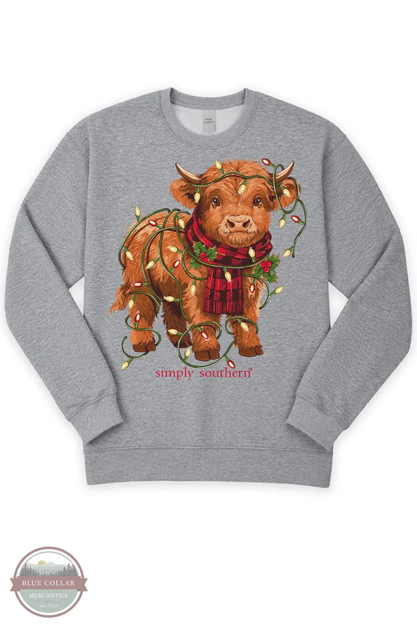 Simply Southern Girls' Highland Cow Light Crewneck Sweatshirt in Heather Gray YTH-SWT-LIGHTS-HTHRGRY product only shown