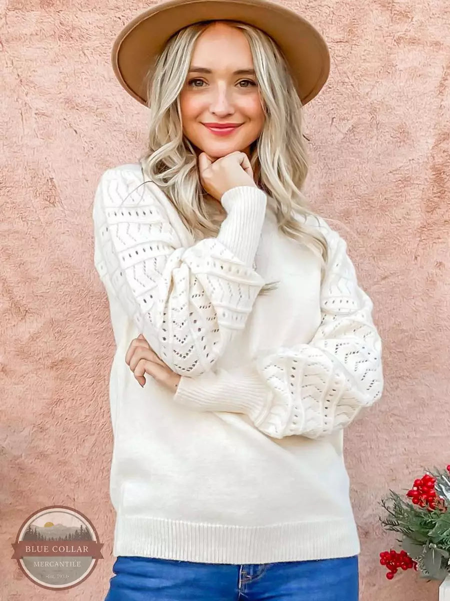 ANDTHEWHY ATW14127 Detailed Puff Shoulder Sweater in Ivory front View