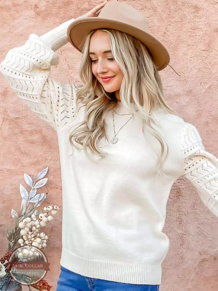 ANDTHEWHY ATW14127 Detailed Puff Shoulder Sweater in Ivory Front View 2