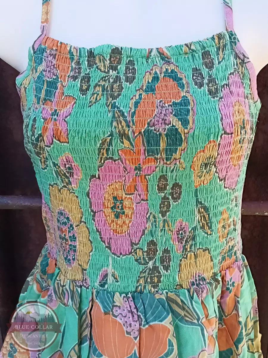 Angie F4D26FP78-Green Smocked Printed Sundress in Green Bodice Detail View