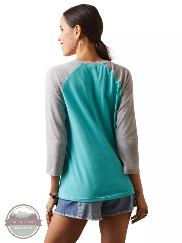 Ariat 10043420 Serape Logo 3/4 Quarter Sleeve Tee in Teal and Gray Back View