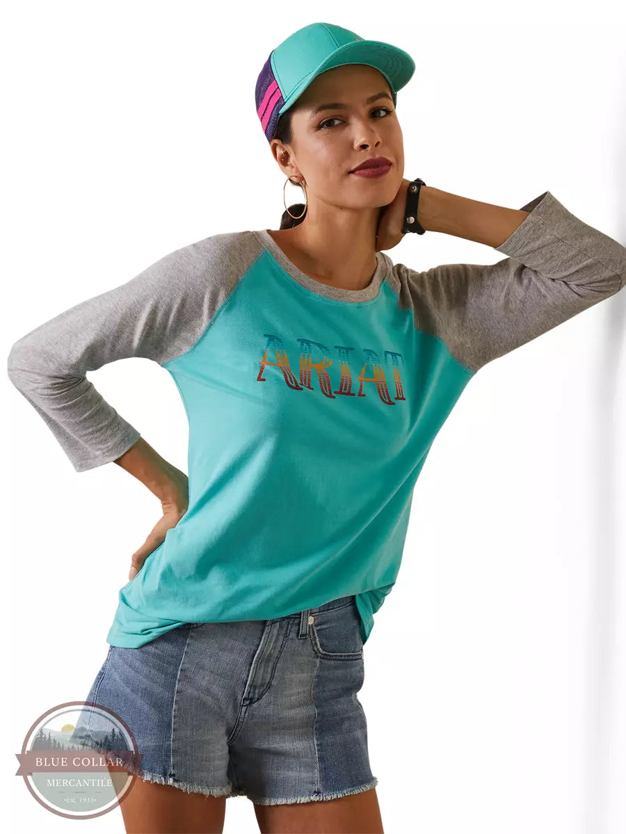 Ariat 10043420 Serape Logo 3/4 Quarter Sleeve Tee in Teal and Gray Front View