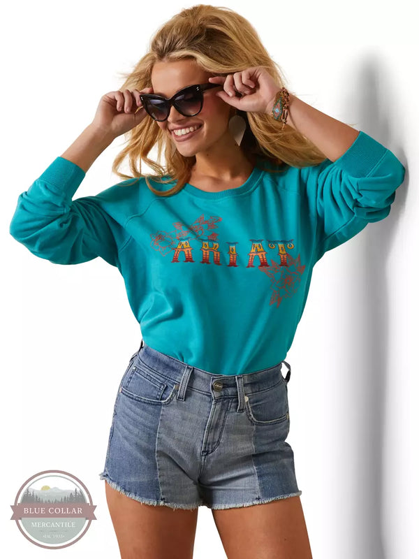 Ariat 10043624 Embroidered Rose Logo Sweatshirt in Teal Front View