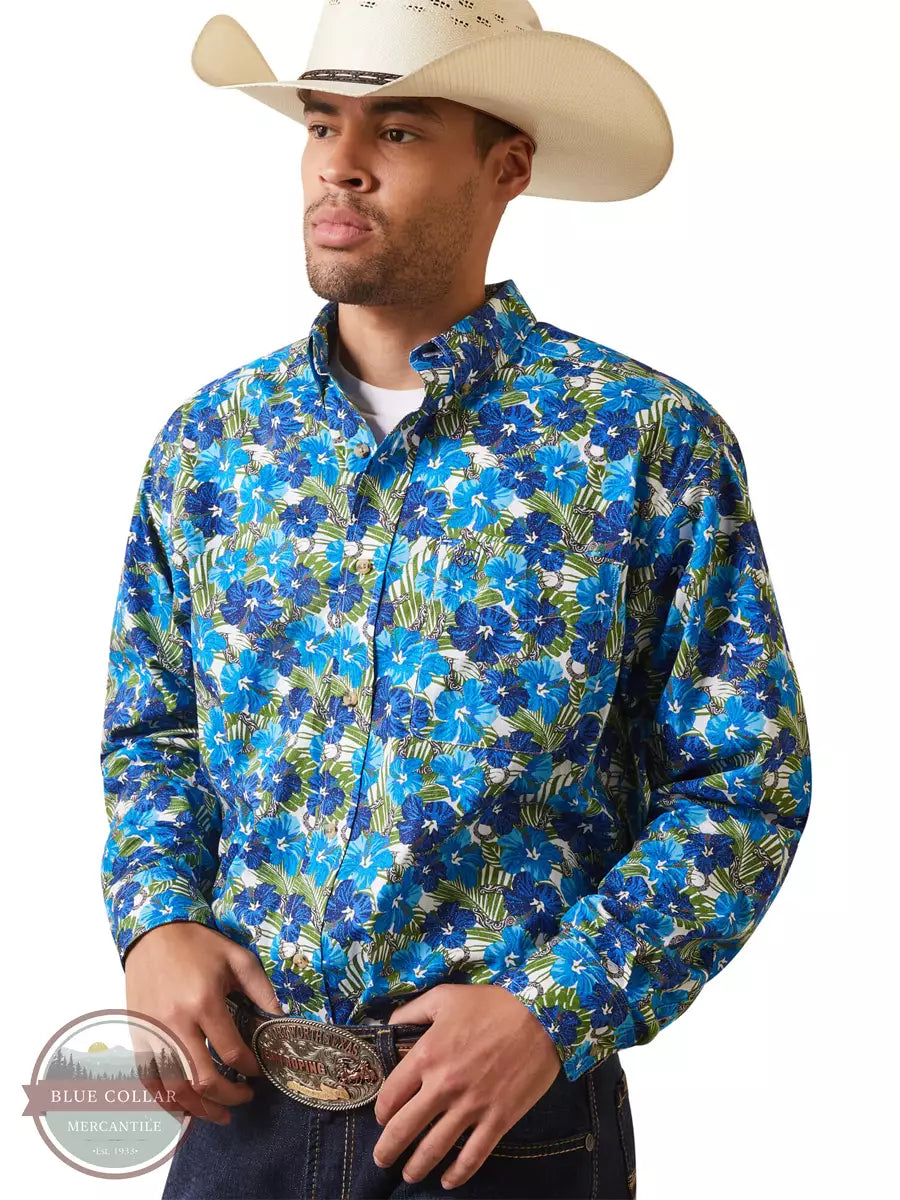 Ariat 10043788 Landon Classic Fit Long Sleeve Snap Shirt with a Blue Flower Print Front View