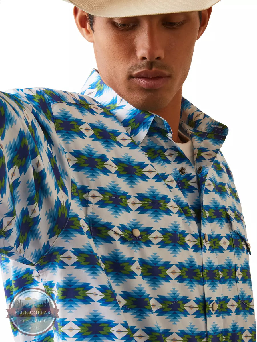 Ariat 10043793 Levi Classic Fit Long Sleeve Snap Shirt with a Blue and White Aztec Print Detail View