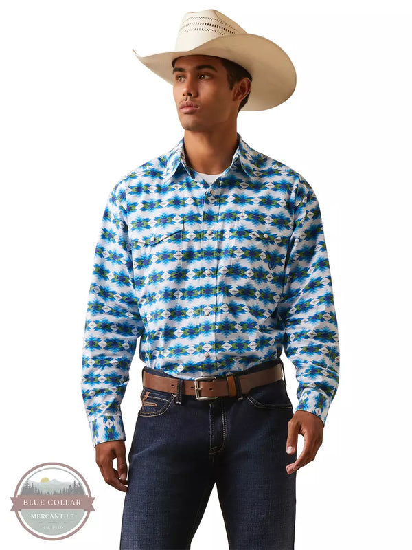 Ariat 10043793 Levi Classic Fit Long Sleeve Snap Shirt with a Blue and White Aztec Print Front View