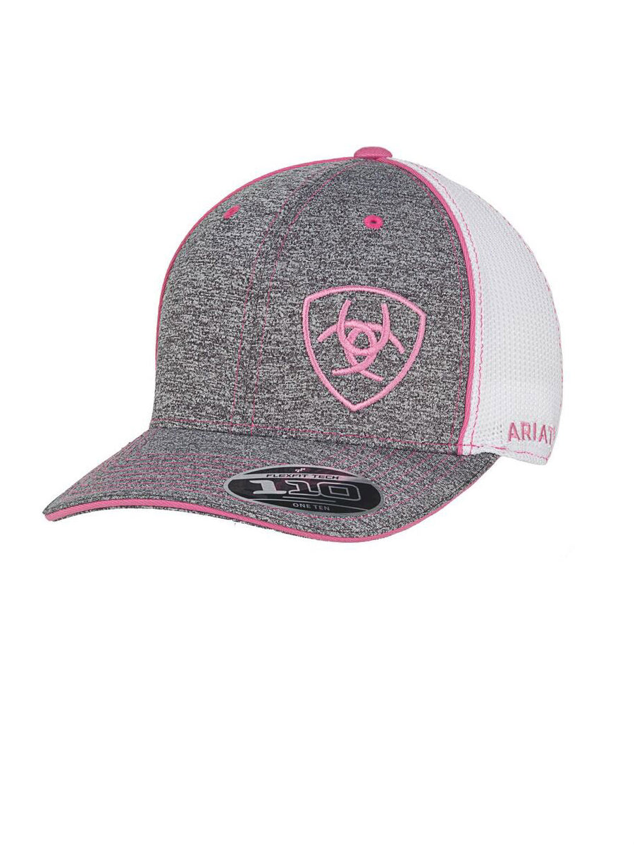 Ariat 1504930 Flexfit 110 Technology Cap in Grey with Pink Logo Front View