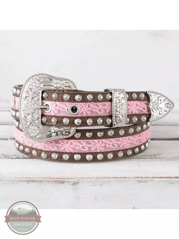 Ariat A1305030 Girl's Pink Floral Lace Belt with Studs Front View
