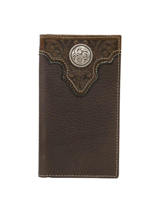 Ariat A3510202 Chocolate Brown Leather with Tooled Overlay and Circle Concho Rodeo Wallet / Checkbook Front View